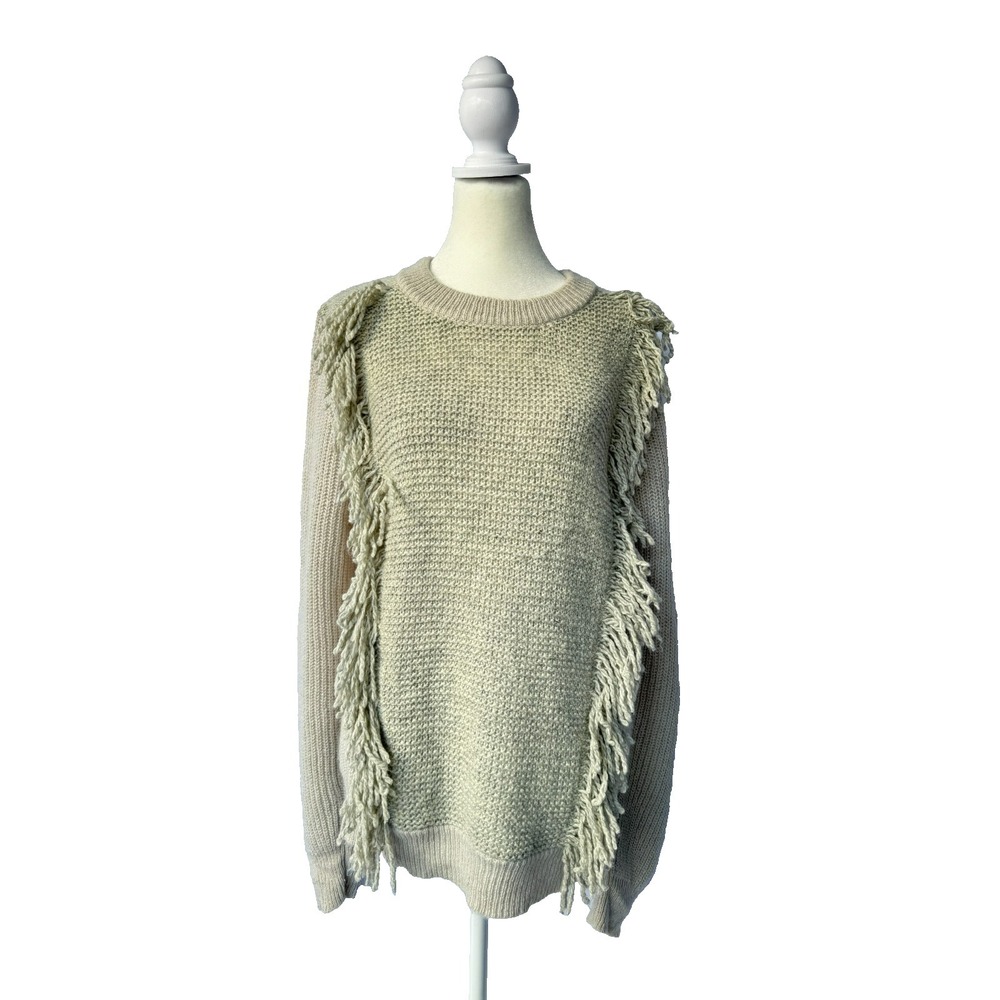 Banana Republic Fringe Sweater‎ Womens M Light Gray Mohair Wool Crewneck Knit